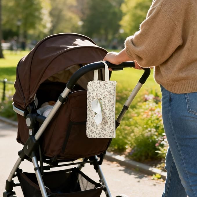 Quilted Baby Wipe Holder Quilted Wipe Pouch Portable Hanging Floral Wet Wipes Bag for Car, Stroller