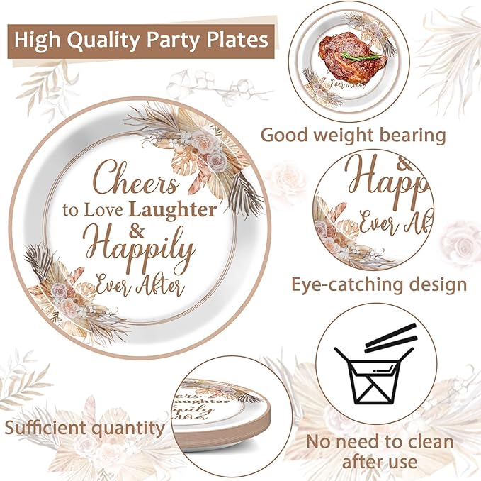 96Pcs Boho Bridal Shower Party Plates and Napkins for Bride Wedding Supplies Happily Ever After Themed Paper Dessert Plates Cheers to Love Tableware Set for 24 Guests Engagement Decorations
