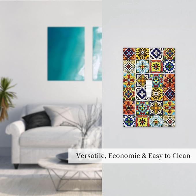 Matte Kitchen Colorful Mosaic Morocco Mexican Mexico Boho Talavera Style Ceramic Tile 1 Gang Electrical Single Toggle Device Switch Wall Plate Jumbo Size Decorative Outlet Light Switch Cover Faceplate