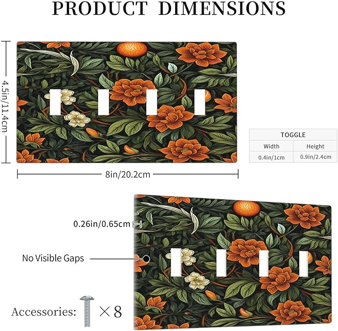 Light Switch Cover William Morris Orange Flowers Rustic Leaves Floral 4 Gang Quad Toggle Decorative Switch Plates Electrical Wall Plates Faceplate for Bathroom Bedroom Decor