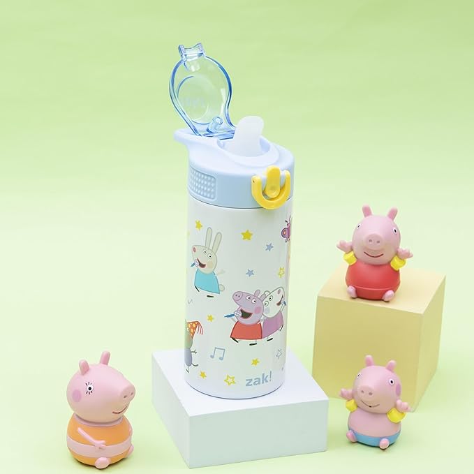 Zak Designs Peppa Pig Sage Kids Water Bottle For School or Travel, 14oz Stainless Steel Water Bottle With Straw, Handle, and Leak-Proof, Pop-Up Spout Cover (Peppa & Friends)