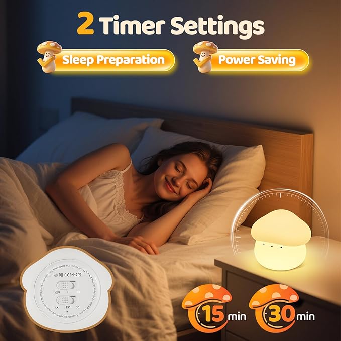 Mubarek Mushroom Lamp, Timer Mushroom Night Light for Kids, Dimmable & Easy Control Cute Lamp, Squishy Silicone Nightlight, Rechargeable Night Light for Baby Nursery, Cute Gifts Kawaii Decor