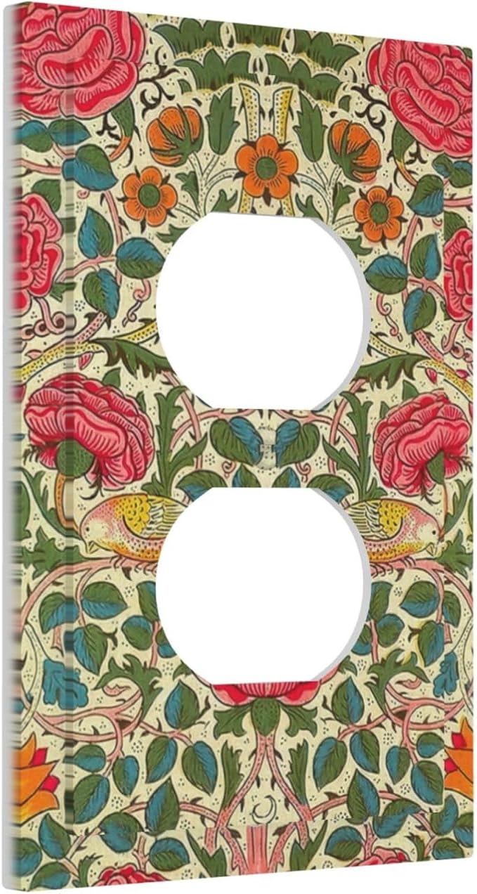 William Morris Roses Floral 1 Gang Electrical Duplex Outlet Covers VintageTulip Flower Plant Bird Light Switch Cover Receptacle Wall Plate Decorative for Country Bedroom Home Decor