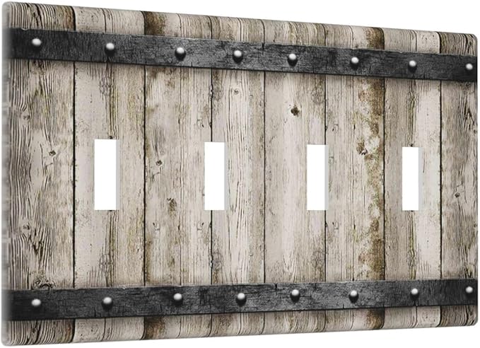 Rustic Vintage Brown Wood Plank 4 Gang Quad Toggle Device Light Switch Cover Decorative Wall Plate Decorative Electrical Faceplate Outlet Cover
