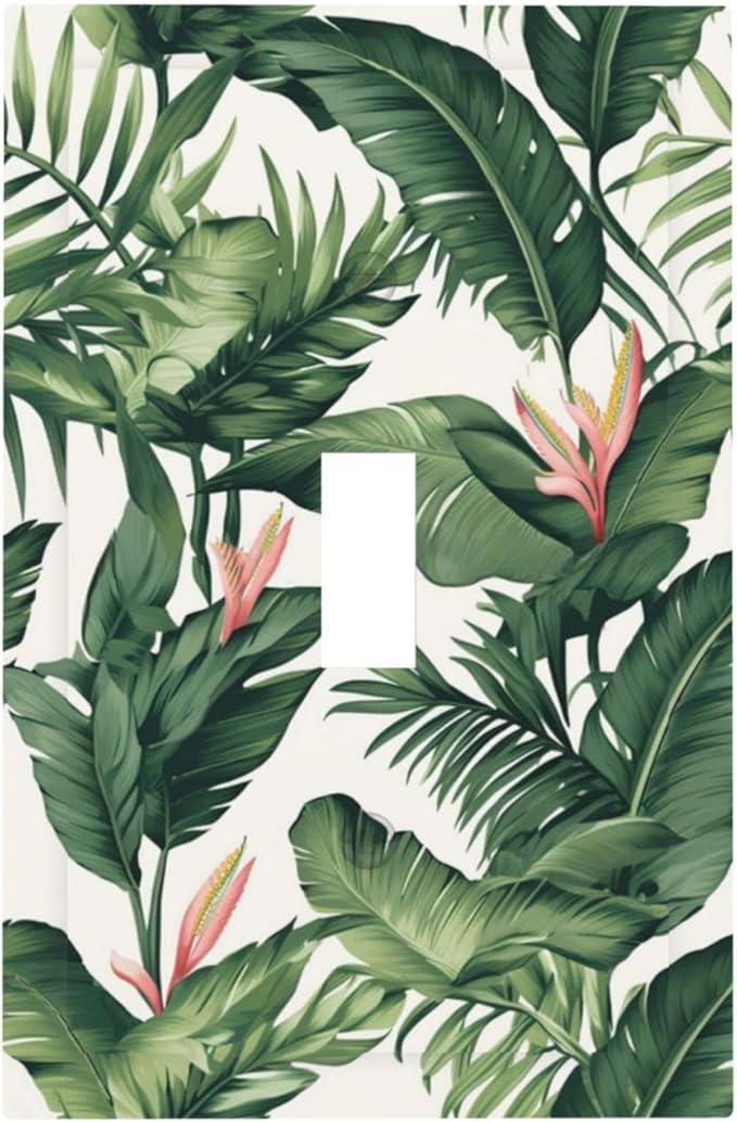 Tropical Leaf Jungle Botanical Palm Tree Greenery Floral Decorative Light Switch Cover 1 Gang Single Toggle Device Electrical Faceplate Switchplates Decorator Outlet Wall Plate for Bedroom Living Room