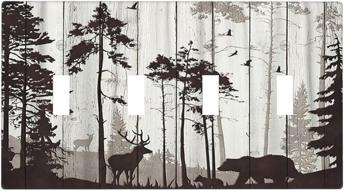 Light Switch Cover Rustic Deer Hunting Forest Woodland 4 Gang Switch Plate Quad Toggle Wall Plates Country Decorative Switchplate Electrical Outlet Cover Plates for Farmhouse Home Decor
