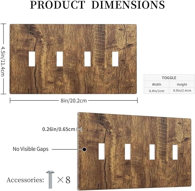 Rustic Brown Wood Distressed Wood Print Light Switch Covers Quad Toggle Electrical Faceplate 4 Gang Wall Plate Decorative Switch Plates Cover for Farmhouse Home Decor