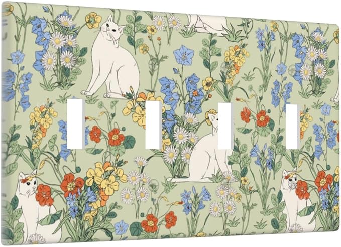 Light Switch Covers Vintage Floral Cute Cat Colorful Flowers Quad Toggle Electrical Faceplate 4 Gang Wall Plate Decorative Switch Plates For Bed Room Living Room Decor