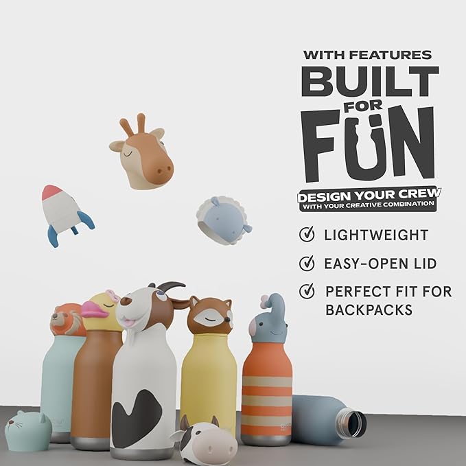 asobu Bestie Bottle Insulated Stainless Steel Water Bottle with Detachable Soft Animal Head Fun Drinking For Kids and Teens with Flexible Reusable Straw 16 Ounce (Elephant)