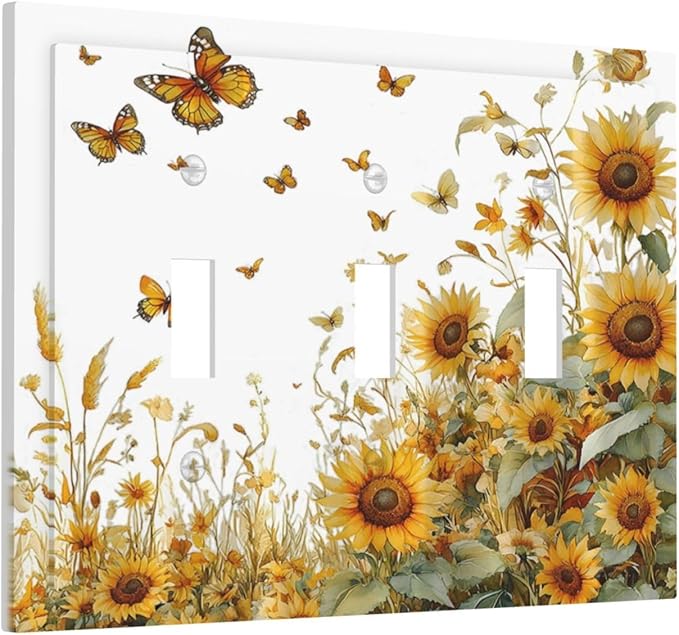 Sunflower Gold Wildflowers Summer Butterfly Decorative Switch Plates 3 Gang Wall Plate Triple Toggle Light Switch Cover Faceplate Electrical Wall Panels for Bedroom Living Room Decor