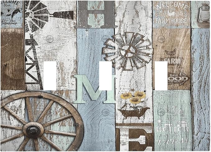 Rustic Western Barn Door Vintage Windmill Decorative Switch Plates 3 Gang Wall Plate Triple Toggle Light Switch Cover Faceplate Electrical Wall Panels for Farmhouse Home Decor