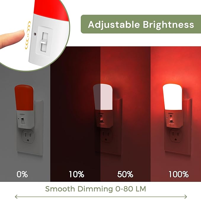 LOHAS-LED Red Light Night Light Plug in, Dimmable LED Night Lights 2 Pack, Dusk to Dawn Sensor, Sleep Aid Red, 0-80LM Adjustable Brightness Red Nightlight for Nursery Kids Room Hallway Kitchen Gift