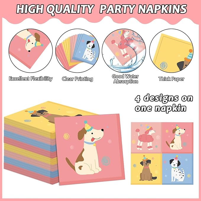 96Pcs Pet Dog Birthday Party Supplies Retro Puppy Themed Paper Plates Napkins Vintage Puppy Face Party Tableware Disposable Pet Dinnerware Decoration Set for Kids Birthday Baby Shower Table Decor