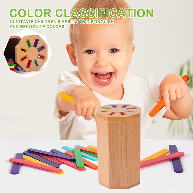 Montessori Toys for 1-3 Year Old: Wooden Learning Color Sorting Sticks Toys for Toddlers Age 1 2 3, Educational Fine Motor Developmental Sensory Matching Game Activities, 12 18 24 Month Kid Boy Girl