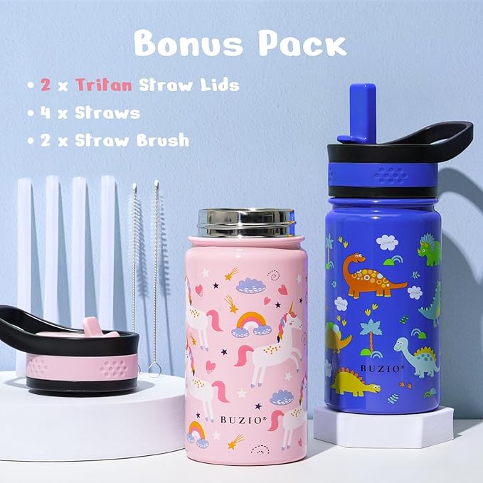 2-Pack Kids Water Bottle, BUZIO 14 oz Toddler Stainless Steel Insulated Water Bottles with Tritan Straw Lid, Leak Proof BPA-Free Wide Mouth Drink Flask for Shcool Boy Girl (Pink Unicorn+Blue Dinosaur)