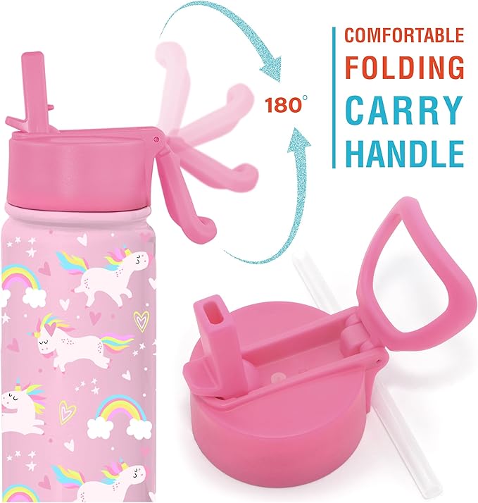 CHILLOUT LIFE 17 oz Kids Insulated Water Bottle for School with Straw Lid Leakproof and Cute Waterproof Stickers, Personalized Stainless Steel Thermos Flask Metal Water Bottle, Pink Unicorn