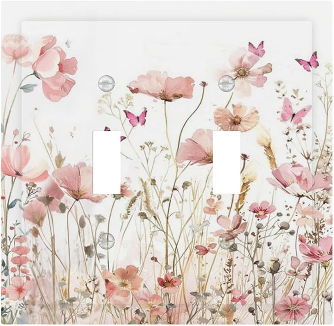 Boho Floral Watercolor Pink Wildflower Butterfly Decorative Switch Plates 2 Gang Double Toggle Outlet Light Switch Cover Wall Plate Electrical Faceplate for Bedroom Living Room Decor