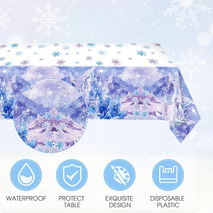 41Pcs Winter Wonderland Decorations Snowflake Castle Party Supplies Blue Purple Snowflake Plates Napkins Tablecloth, for Winter Birthday, Baby Shower, Princess Party Decor, Classroom Celebration