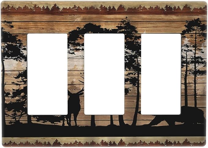 Brown Mountain Hunting Forest Woodland Deer Bear 3 Gang Triple Rocker/Decorator Light Switch Cover Lodge Cottage Jungle Decorative Gfci Wall Plate Outlet Cover Electrical Faceplate Switchplate