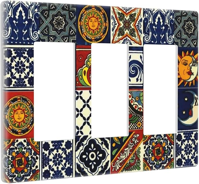 Boho Moroccan Mandala Mexican Tiles Triple Decorator Light Switch Cover 3 Gang GFCI/Rocker Wallplate Decorative Electrical Faceplate Switchplate Dimmer Screwless