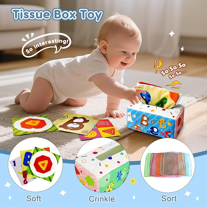 6 in 1 Montessori Toys for Babies 6-12 Months Up - Incl Pull String Toy, Stacking Cups, Tissue Box, Suction Cup Spinner, Stacking Blocks,Activity Cube, Baby Toys for 1 2 3 Year Old