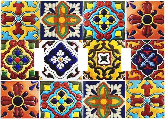 Colorful Boho Mexican Moroccan Tile Decorative Triple Toggle Outlet Light Switch Cover Vintage Kitchen Bohemian Mexico Tiles Jungle 3 Gang Wall Plate Electrical Faceplate Three Device Switchplate