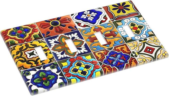 Vintage Colorful Boho Mexican Moroccan Tile Light Switch Covers Quad Toggle Electrical Faceplate 4 Gang Wall Plate Decorative Switch Plates for Farmhouse Home Decor