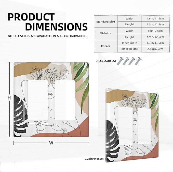 Mid Century Abstract Women Lady Boho Palm Leaf 2 Gang Rocker Decora Light Switch Covers Decorative Unique Dual Outlet Covers Wall Plate Electrical Faceplate Switchplate GFCI for Bedroom Decor