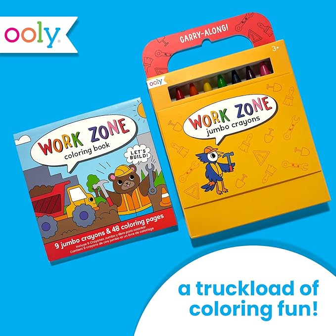 Ooly Travel Art Kit with 9 Jumbo Crayons & 48 Themed Coloring Pages & Case for Easy Traveling Art Creation, Perfect Airplane & Road Trip Activities for Kids - Work Zone