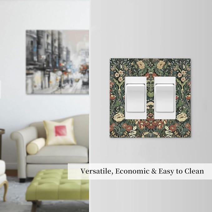 Decorative Outlet Covers Vintage Dark Floral William Morris Green Flower 2 Gang Double GFCI Rocker Electrical Wall Panels Light Switch Cover Plate for living Room Home Decor
