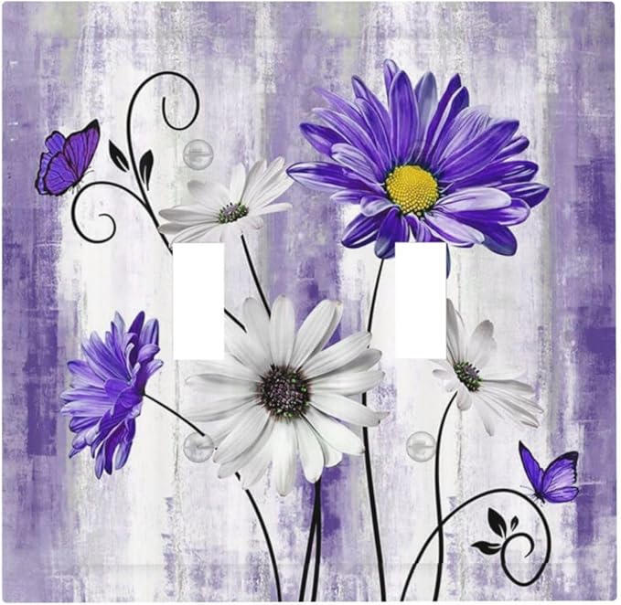 Decorative Light Switch Cover Plate Rustic Purple Daisy Butterfly Boho White Floral 2 Gang Wall Plate Cover Double Toggle Switch Plate Covers Electric Dual Device Electrical Faceplate