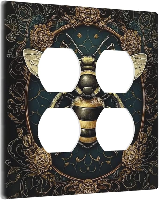 Outlet Covers Mid Century Bee Dark Floral 2 Gang Double Duplex Decorative Light Switch Covers Electrical Wallplates Socket Faceplate For Home Office Decor