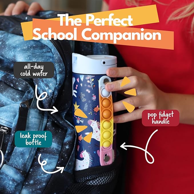 Elemental Iconic Kids Water Bottle for School - 100% Leak-Proof Insulated Water Bottles with Straw Lid & Pop-It Handle for Boys & Girls - Triple-Wall Insulated & BPA-Free, 14oz – Unicorn
