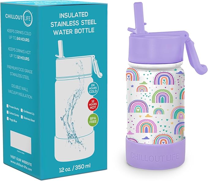 CHILLOUT LIFE 12 oz Kids Insulated Water Bottle for School with Straw Lid Leakproof and Cute Waterproof Stickers, Personalized Stainless Steel Thermos Flask Metal Water Bottle for Girls & Boys