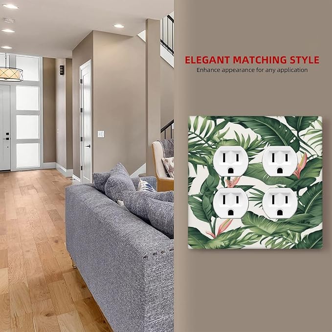 Tropical Leaf Jungle Botanical Palm Tree Greenery Floral Outlet Covers 2 Gang Double Duplex Decorative Light Switch Covers Electrical Wallplates Socket Faceplate for Bedroom Living Room Decor