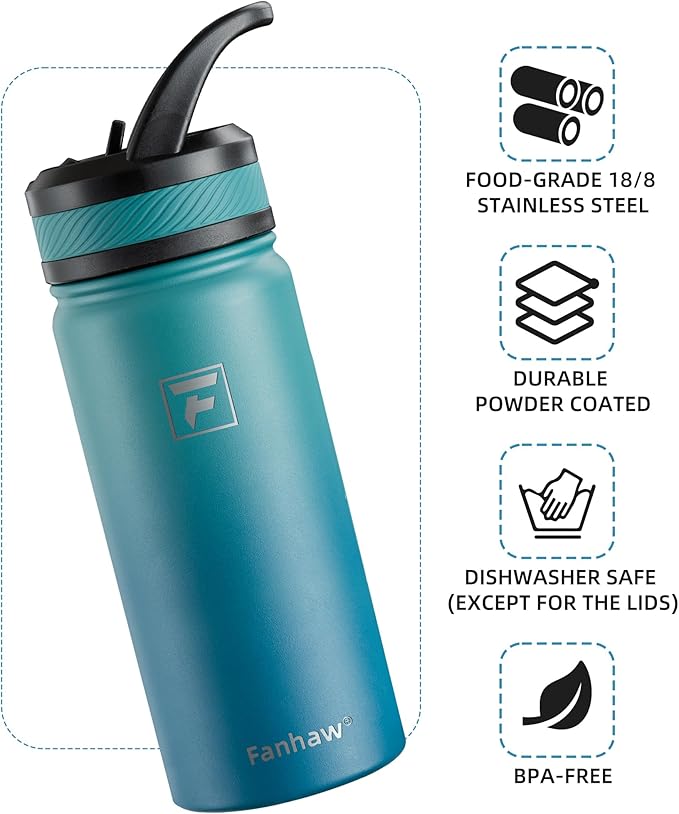Fanhaw 18 Oz Kids Insulated Water Bottle with Straw Lid – Stainless Steel Double Wall Vacuum, Leak-Proof, BPA-Free Water Bottles for School Boys & Girls(Green Blue)