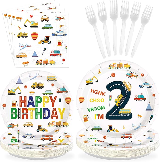 96Pcs 2nd Birthday Cars Party Supplies Transportation Theme Birthday Plates and Napkins Car Train Plane Sailboat Tableware Set for 2 Years Old Boy Vehicle Traffic Party Decorations Serves 24