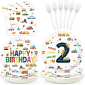 96Pcs 2nd Birthday Cars Party Supplies Transportation Theme Birthday Plates and Napkins Car Train Plane Sailboat Tableware Set for 2 Years Old Boy Vehicle Traffic Party Decorations Serves 24