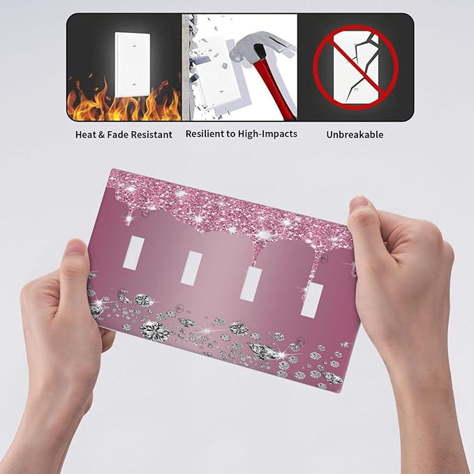 Sparkling Diamonds Pink Silver Glitter Drops Print Quad Toggle Light Switch Covers Decorative Unique 4 Gang Wall Plate Electrical Faceplate Switchplate for Kitchen Bedroom Bathroom Decor