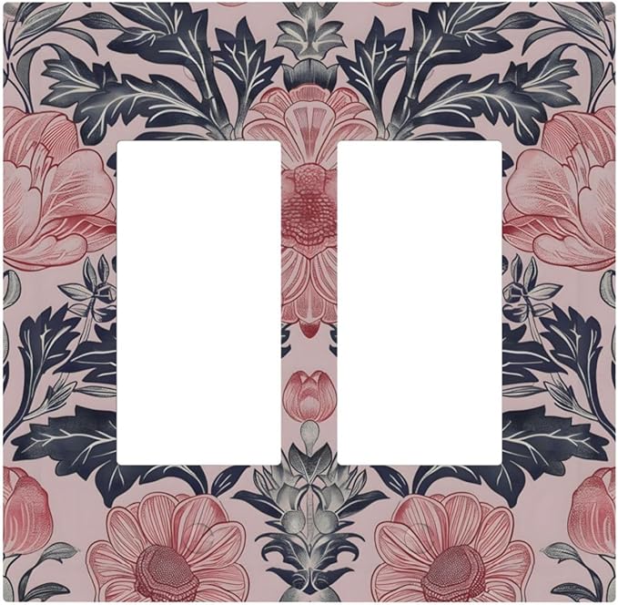 Pink Floral Vintage Botanical Boho Flower Decorative Outlet Covers 2 Gang Double GFCI Rocker Electrical Wall Panels Light Switch Cover Plate for Farmhouse Home Decor