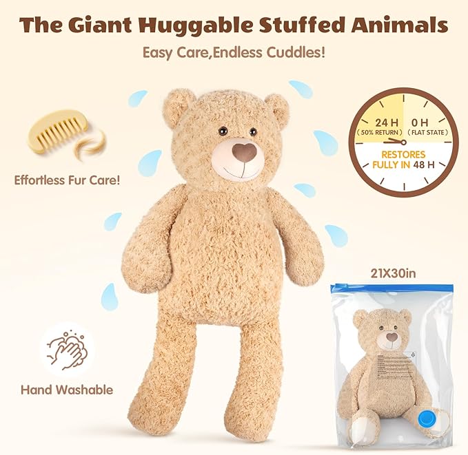 SuzziPals 43 inch Giant Teddy Bear Stuffed Animal, Lifelike Stuffed Animals for Stress Relief & Companion, Extra Soft Fluffy Big Plushies Hugging Pillow, Jumbo Teddy Bears Gifts for Kids Adults