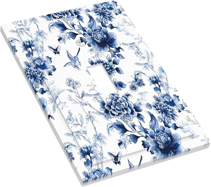 Blue Flower White Floral Plant Bird Butterfly Decorative Light Switch Cover 1 Gang Single Toggle Device Electrical Faceplate Switchplates Decorator Outlet Wall Plate for Bedroom Living Room Decor