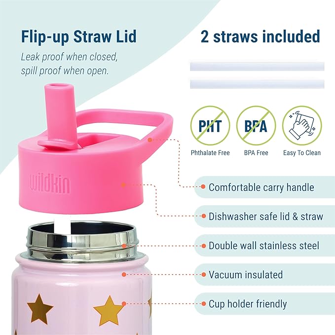 Wildkin Kids 14oz Stainless Steel Water Bottle – BPA-Free, Leakproof, Insulated, Easy-Clean - Pink and Gold Stars