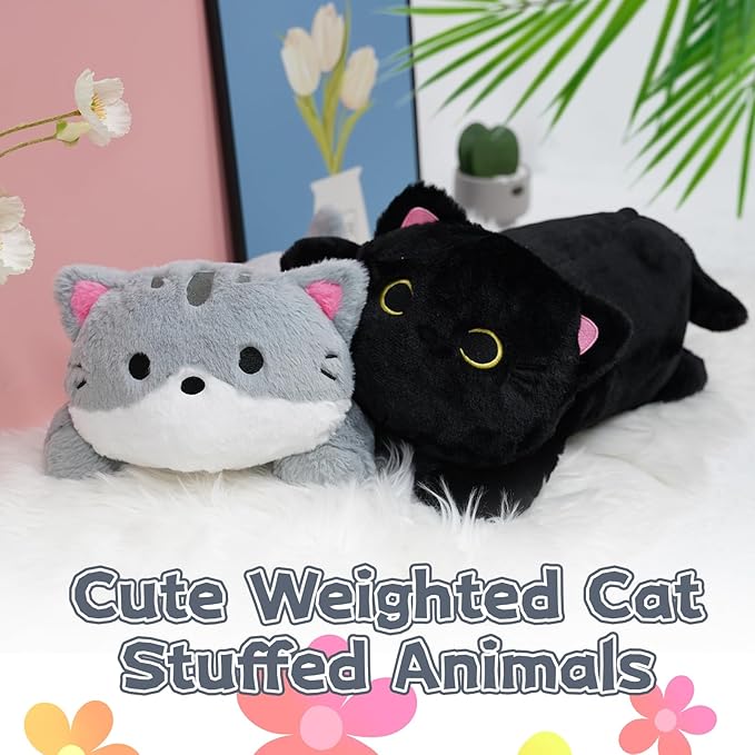 Weighted Cat Stuffed Animals for Kids,18 Inch 2 lbs Weighted Cat Plush Pillow,Soft Kawaii Large Grey Kitten Stuffed Animal Cuddle Plush Toy for Gifts Birthday Christmas