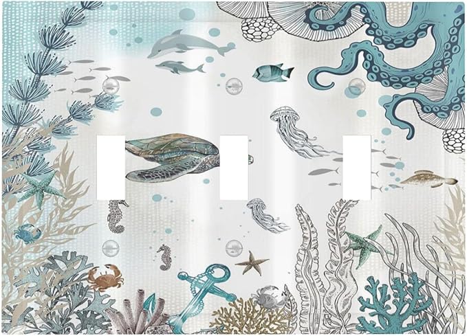 Sea Turtle Octopus Ocean Underwater Animal 3 Gang Light Switch Covers Decorative Unique Triple Toggle Wall Plate Electrical Faceplate Switchplate for Kitchen Bathroom Bedroom Home Decor