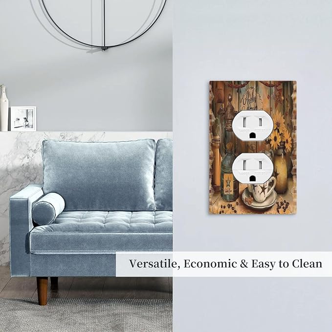 Decorative Outlet Covers Vintage Coffee Pot Star Farmhouse Wood Plank 1 Gang Wall Plate Receptacle Duplex Light Switch Cover Plate Single Dual Plug Covers Electrical Switchplate Faceplate