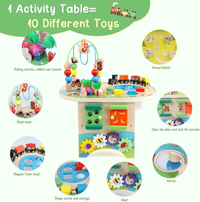 Activity Table for 1 Year Old Montessori Educational Learning Toys for 1 2 Year Old Girls Boys Toddlers Baby 12-18 Months 1st First Birthday Gifts 10 in 1 Wooden Bead Maze Sensory Center Toys