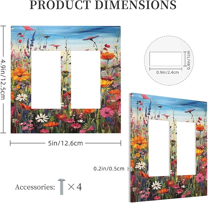 Colorful Wildflowers Painting Floral Flower Decorative Outlet Covers 2 Gang Double GFCI Rocker Electrical Wall Panels Light Switch Cover Plate for Bedroom Living Room Decor