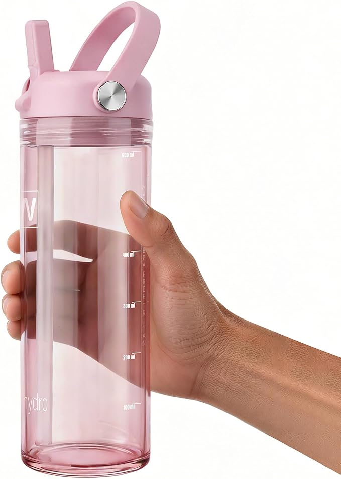 20oz Kids Water Bottle, BPA Free Thick Tritan Plastic Reusable, Clear Water Bottle with Straw, Leakproof Lid, Dishwasher Safe, Boy girl for School,Travel Pink