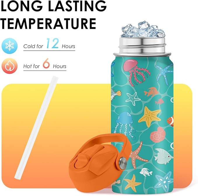 Ocean Gifts for Kids - 16 Oz Green Water Bottle with Straw Lid, Stainless Steel Insulated Tumbler, Leak Proof, BPA-Free, for Girls & Boys, School, Beach - Marine Life Lovers Birthday Gifts (1pc)
